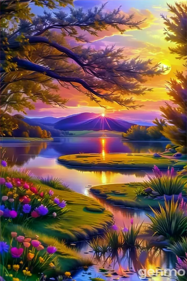 a painting of a beautiful sunset over a lake