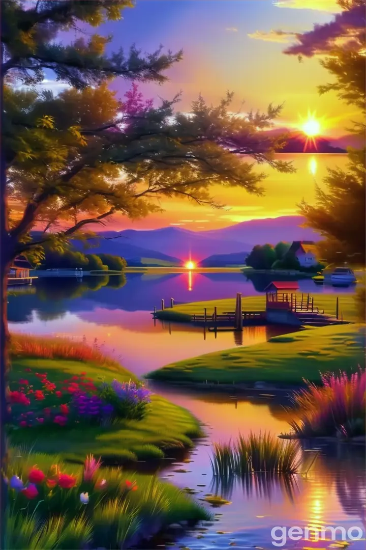 A colorful, whimsical painting of a sunset over a lake, with quaint docks in the foreground