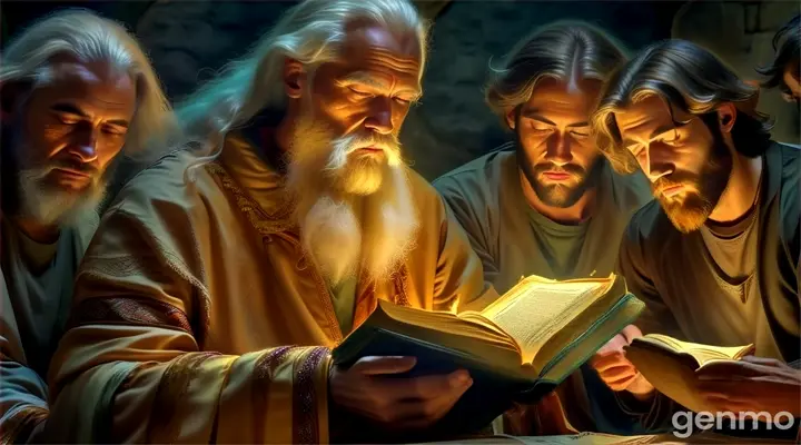 a group of men reading a book together