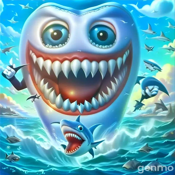 a cartoon tooth with a shark in the ocean