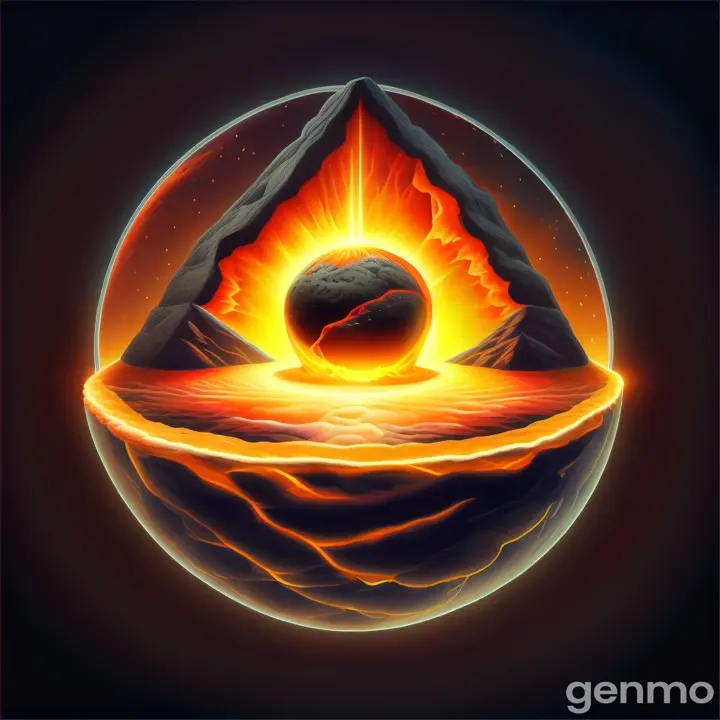 an illustration of a volcano with a ball of lava in the center earth core's full of iron, glowing through