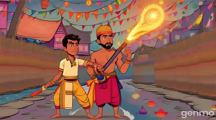 A man in dhoti have torch light and finding another person in dhoti village cartoon 