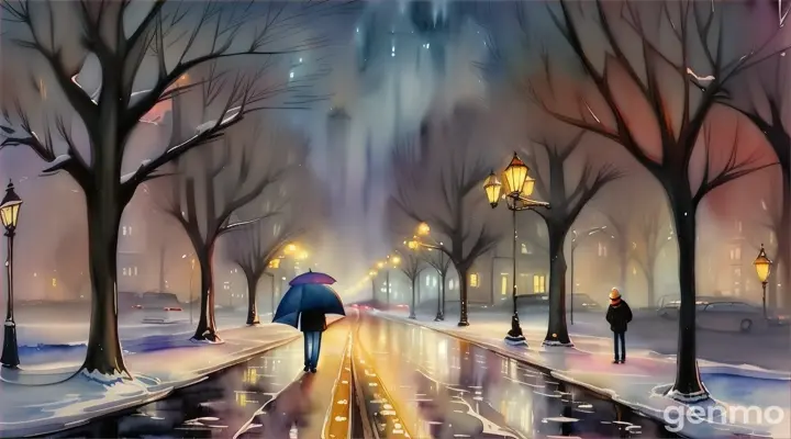 An illustration of a person walking down a quiet street on a cold, windy evening. The person looks lost in thought, and the surroundings are illuminated by soft streetlights. In the background are trees and buildings that remind us of unforgettable memories, illustration 16:9