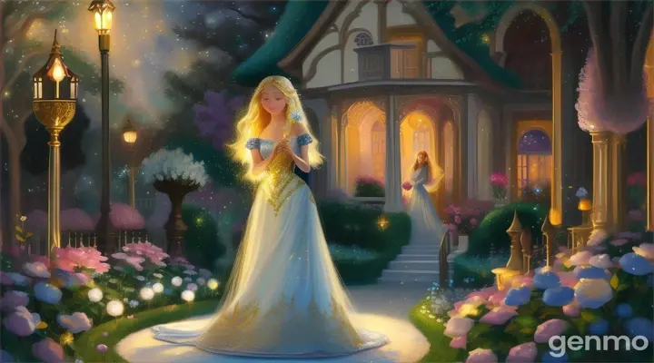 a painting of  cartoon girl with long sparkling gold hair wearing white gown  singing in her  sparkling jasmine flower garden  at night in moonlit 16:9