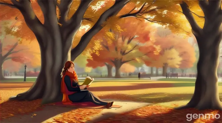 "An illustration of a woman wearing a scarf and reading a book under a tree on an autumn day. Leaves are falling in the cold wind, and a quiet park and colorful fallen leaves are scattered around." 16:9 