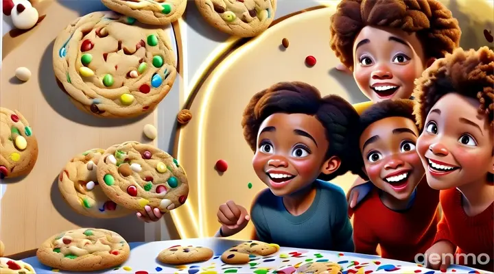 a group of children standing next to a table full of cookies