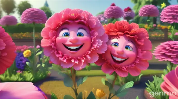 cartoon carnation with smiling faces dancing in garden.3d animation for kids. 16:9