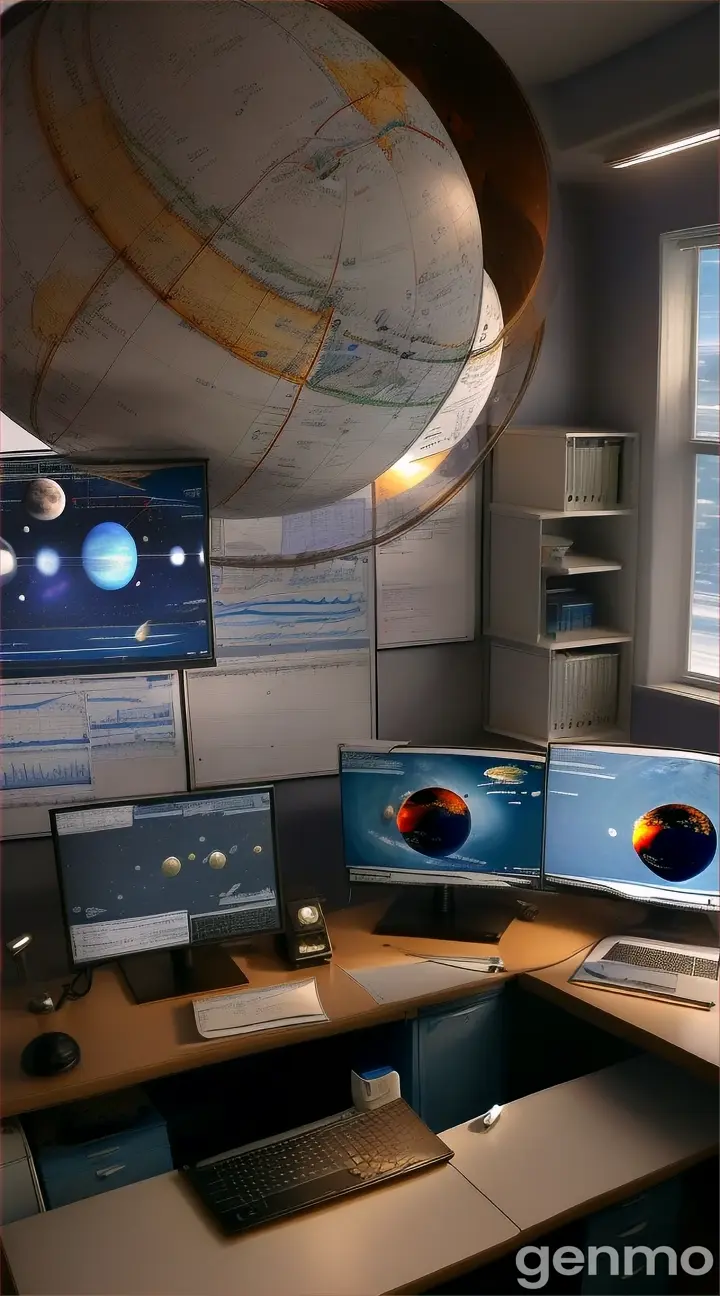 A scientist’s desk with diagrams, charts, and a computer screen showing simulations of a planet being ejected from its solar system due to gravitational forces.