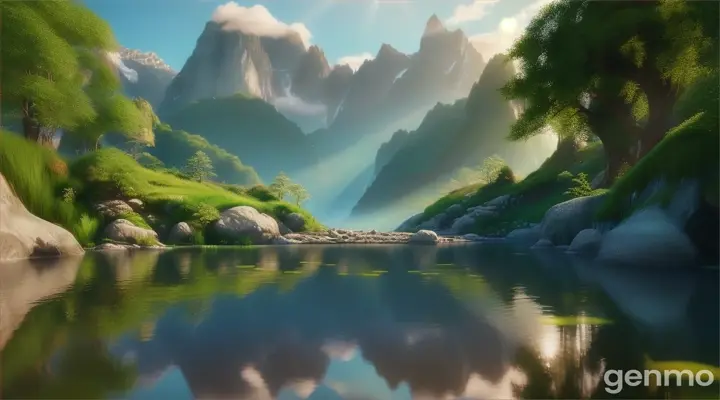 create 3d animation of  The pond sparkles in the sunlight, and the surroundings are filled with green plants and mountains all around, blue sky