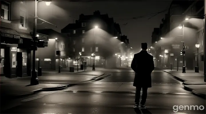 "In the dark street, the back of a person is visible. The person is looking down, thinking about the time that has passed, and the streetlights are illuminating his figure. In the background are buildings and trees that remind us of memories. 16:9 