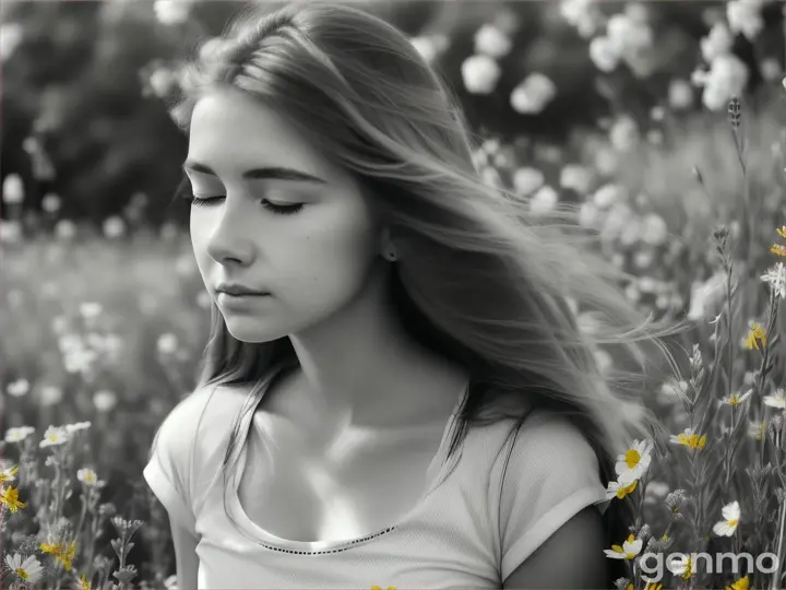 A graphite portrait of a woman in a yellow t-shirt and white jeans, standing among wildflowers on a sunny day