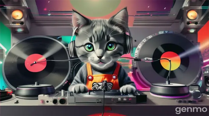 an adorable little grey kitten drawn by studio ghibli play music like a dj