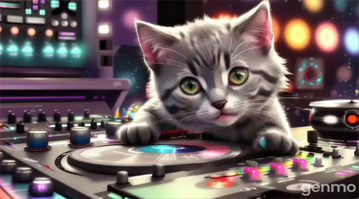 an adorable little grey kitten drawn by studio ghibli play music like a dj