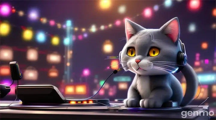 an adorable little grey straight cat drawn by studio ghibli play music like a dj