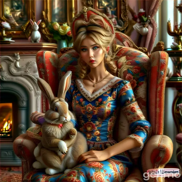 a woman sitting in a chair with a rabbit in her lap точность красиво реалистично. Летают бабочки 