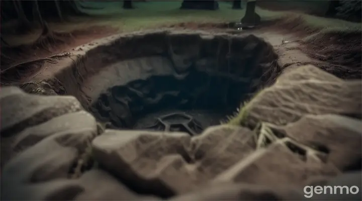 Camera scende lungo la buca di una tomba, vista dall'alto, radici e terra bagnata lugno i lati