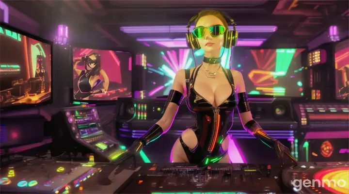 A slender woman with shapely hips and a larger bust than usual, wearing steampunk glasses, shiny headphones and a low-cut latex swimsuit, stands near a DJ mixing console and an electric piano in a steampunk club. Minimal clothing. Laser beams of bright colors against the background of large television screens. "FPV drone shot"