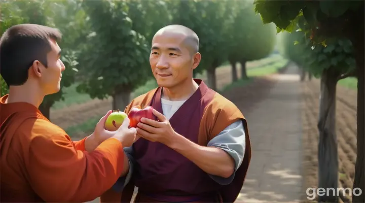  monk gave an apple to a Farmer in 16:9 ratio with hd quality 