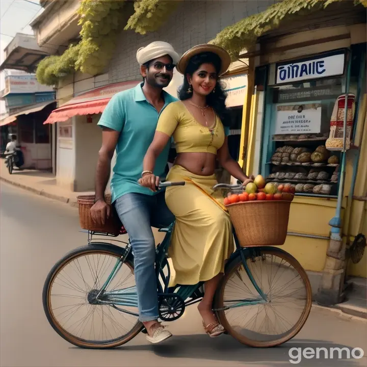 Create a A cinematic, wide shot video of a  Tamil South Indian couple riding a vintage bicycle, vintage bicycle , vintage bicycle wheels are very grip, (camera full view fruit shop couple and bicycle tyres)through the vibrant streets of where four wheels fruit Shop and vegetables shop are placed in sides of roads in Coimbatore. The Tamil south indian husband, a lean, dark skin athletic man wearing full sleeve white with blue mixed shirt white color dhoti traditional shoe on legs,with a stylish short bob haircut  above ears one centimetre hair is gray and white color mixed and Ray-Ban sunglasses, pedals the RALLEY GOLD Rally Popular 22 Inch Men's Full Size Bicycle. bicycle wheels are very stylish,His first wife with a stylish haircut  above ears one centimetre hair is gray and white color mixed and rectangle shape Ray-Ban gold frame sunglasses , first wife a round with oval shape face short bob hair rectangle shape Ray-Ban gold frame sunglasses lot of hair from Front centre head floating down center front of fore head,short straight black hair with above ears one centimetre hair is gray and black mixed hair    top heavy plus-sized beauty with a glamour, navel ,silk rainbow border with yellow and orange check traditional saree and a modern touch, sits gracefully on the bicycle's frame. Their second wife, oval shape face slim body woman long hair dressed  lot of hair from Front centre head floating down center front of fore head,short straight black hair with above ears one centimetre hair is gray and black mixed hair in a fashionable glamour, navel ,rainbow border yellow with red mixed saree with glamorous jacket, enjoys the ride from the rear carrier,three of them coming in one cycle 