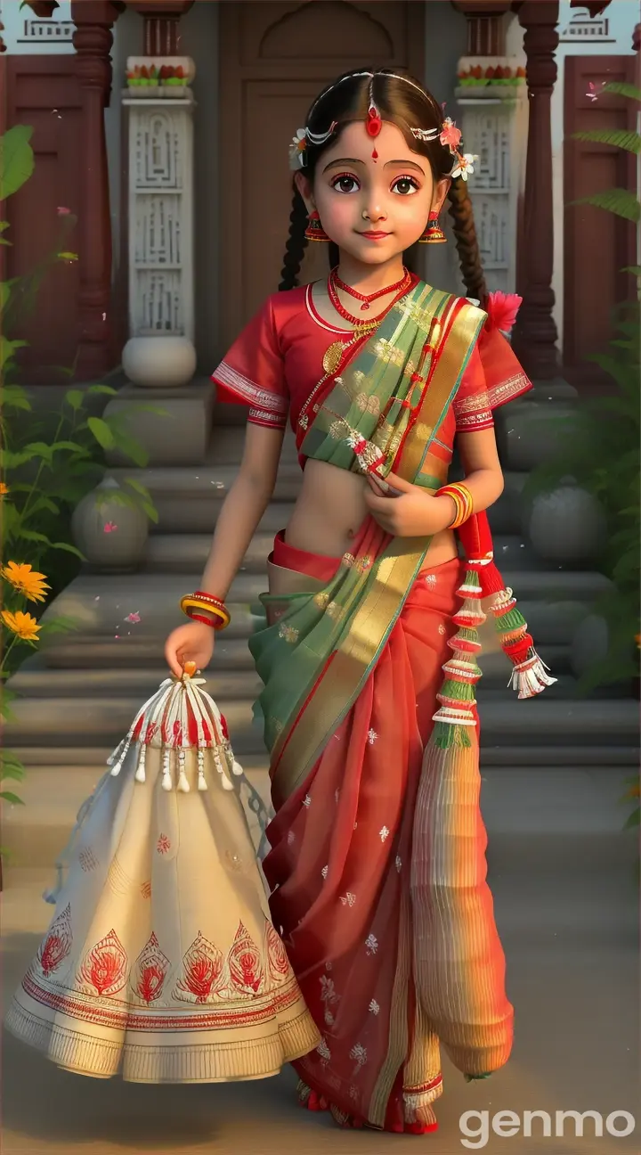 Little girl Maa Durga a bit chubby is wearing a beautiful cotton red and white boardered Pujo saree holding a jhuri of colourful flowers for Puja walking towards us going to Mandir, wearing the saree in old traditional village girl Bengali style like Grandmaas, having two hair braids, looking very cute and sweet, sindur on forehead hair as married girl, animated 3d with perfect number of hands feet and fingers, a 100% perfect and masterpiece artwork video, looking so very divine and beautiful, 9:16 ratio” create this save video beautifully keeping her head straight, animated 3d “Little girl very chubby fair little baby girl Maa Durga a is wearing a beautiful cotton red and white boarder, Pujo saree holding a flower container full of flowers of colourful flowers for Puja walking towards us going to Mandir, wearing the saree in old traditional village girl Bengali style like Grandmaa, with covering the head with saree like Bengali bahu having two hair braids, looking very cute and sweet, sindur on forehead hair as married girl, animated 3d with perfect number of hands feet and fingers, a 100% perfect and masterpiece artwork video, looking so very divine and beautiful, 9:16 ratio, the saree is cotton saree” Seed: 35285433442304x1280Public