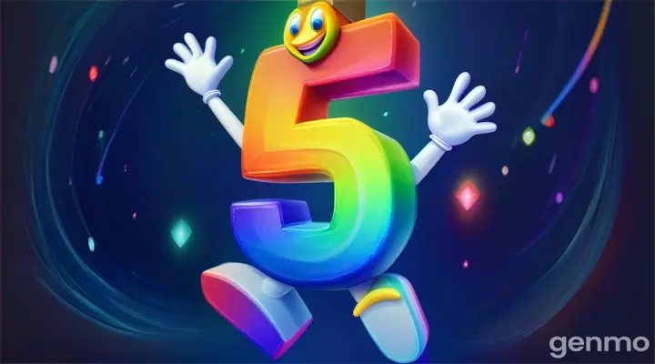 a rainbow colored number five with a happy face Number 5