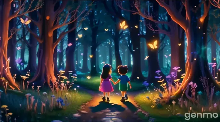 kids wandering through a glowing forest filled with magical creatures.