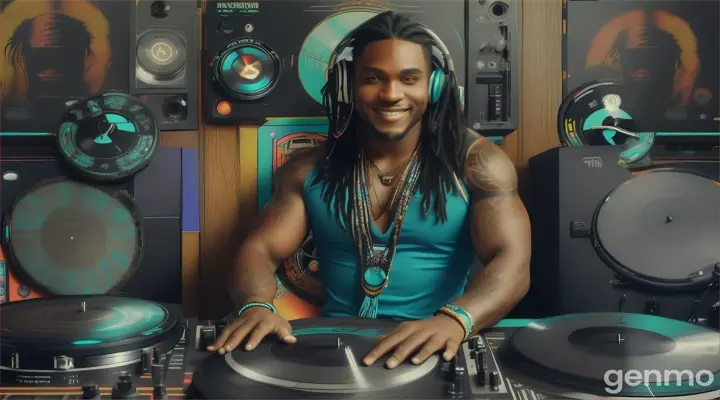 Un DJ black, souriant, aux yeux bleus et au cheveux longs, avec des gros bras tatoués, avec des colliers amérindiens turquoise autour du cou, mixe avec ses deux platines Technics 1200 MK2, dans son studio radio FM. 