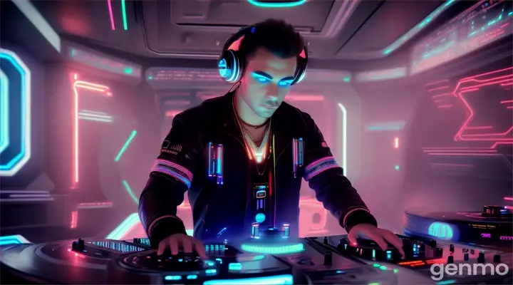 DJ in a futuristic studio with neon lighting, blue eyes and tribal necklaces mixing grooves on his Technics 1200 MK2s