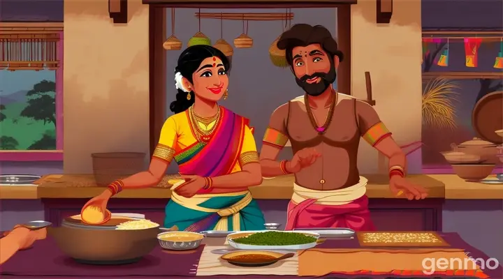 A man in dhoti  making food from only two rice in village kitchen and talking to wife in saree cartoon 