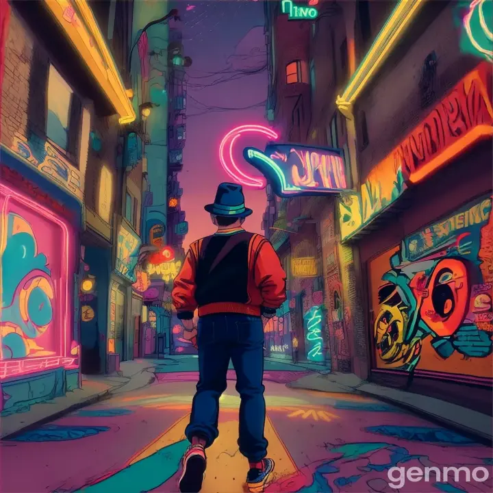 Retro Style stop action Cartoon about Urban Neighborhoods at Night, Street Graffiti influenced