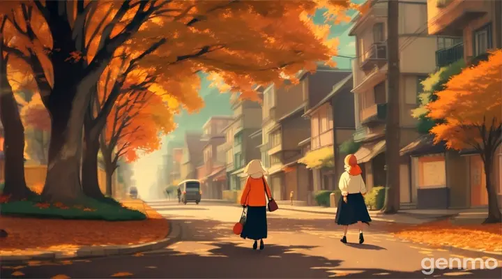 "A scene of a woman walking down a street in the autumn twilight, with leaves blowing. The wind blows the fallen leaves around her, and the surrounding trees are painted in yellow and orange, depicted in the soft colors characteristic of animation. Her back is drawn lonely, and the long shadow emphasizes the lonely atmosphere." 16:9