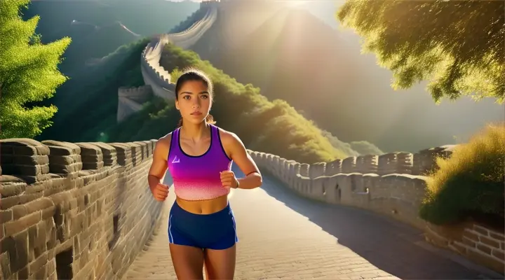 Beautiful española woman in athletic wear, jogging under the sunlight, gran muralla china background.