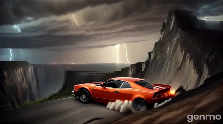 catastrophe, the car falls off the cliff into the abyss, side remote view, 16:9