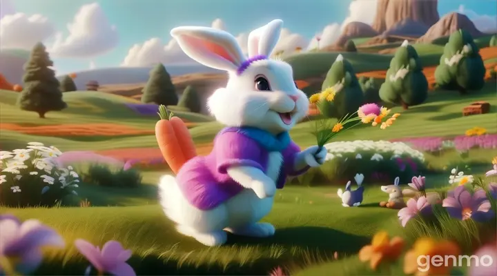 a cartoon bunny holding a carrot in a field of flowers