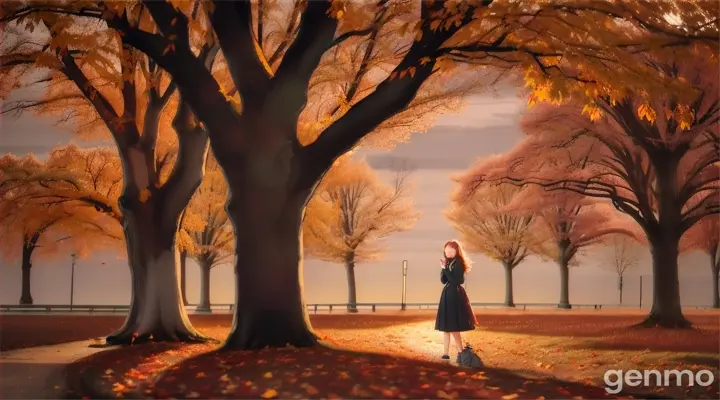 "On an autumn evening, a sad woman walks backwards under a tree. A cold wind blows her hair and the hem of her dress, and fallen leaves lie on the ground. The surrounding trees are dyed red and yellow, and the gorgeous colors of the anime style create a lonely atmosphere." 16:9