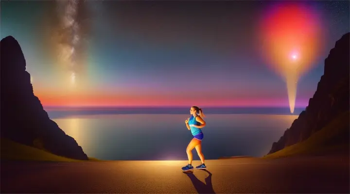 Beautiful española woman in athletic wear, jogging under the celestial night, fuegos artificiales, pirámides background.