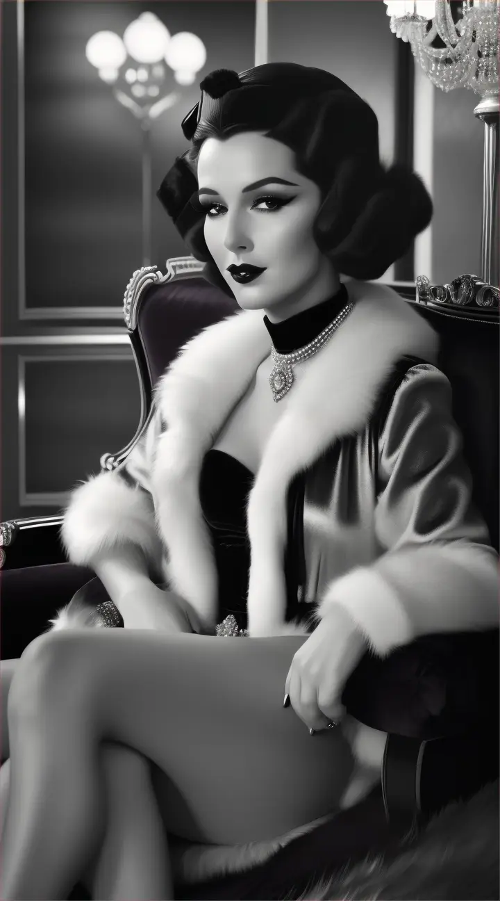 Movie star lounging on a velvet chaise, surrounded by luxurious decor, with pearls and a fur coat, broadway 