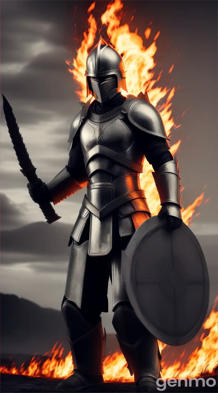 A Spartan warrior stands victorious amidst a raging inferno, with minimalist detail in his armor and surroundings