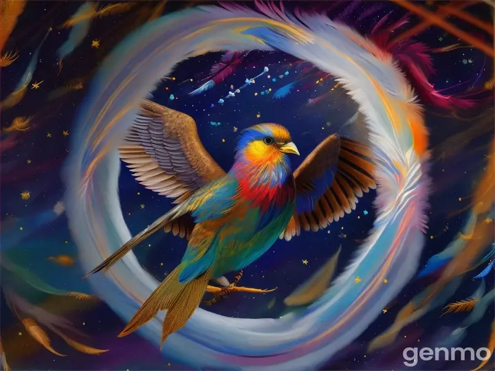 a painting of a bird flying in the night sky