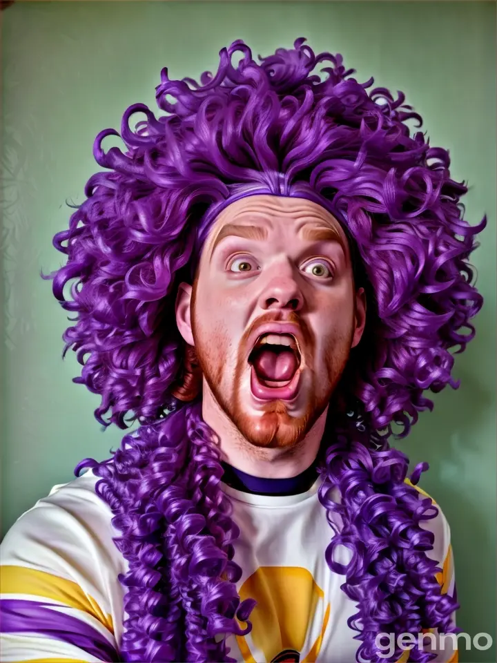 Stunning and highly detailed ginger hunk wearing Most crazy purple curly wig 