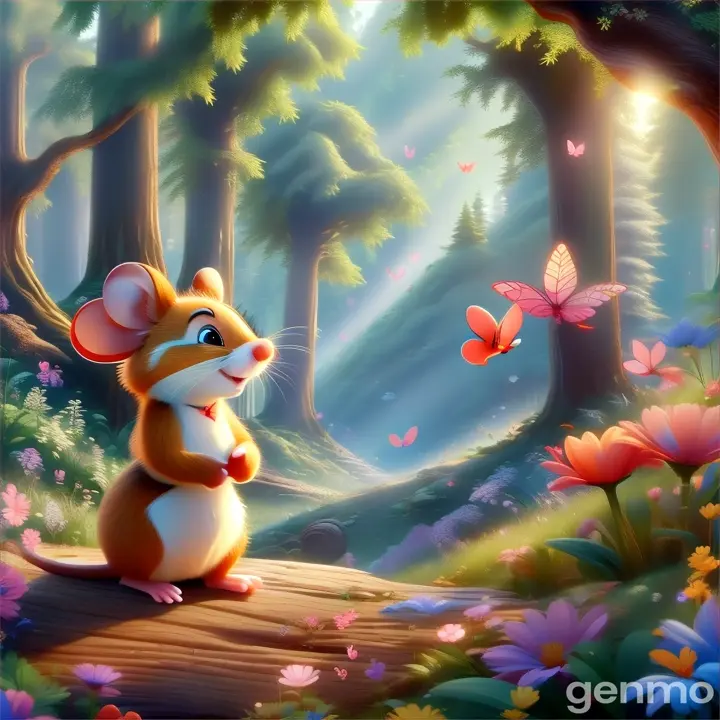 a cartoon mouse sitting in the middle of a forest