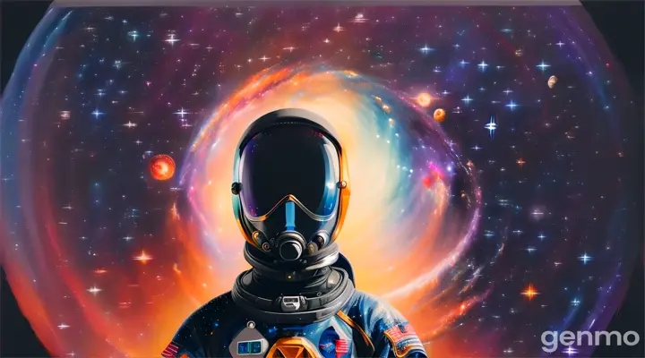 a painting of a space man standing in front of two black holes