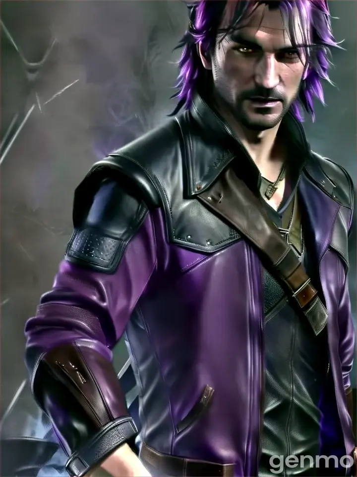 a witcher with purple hair and a leather jacket