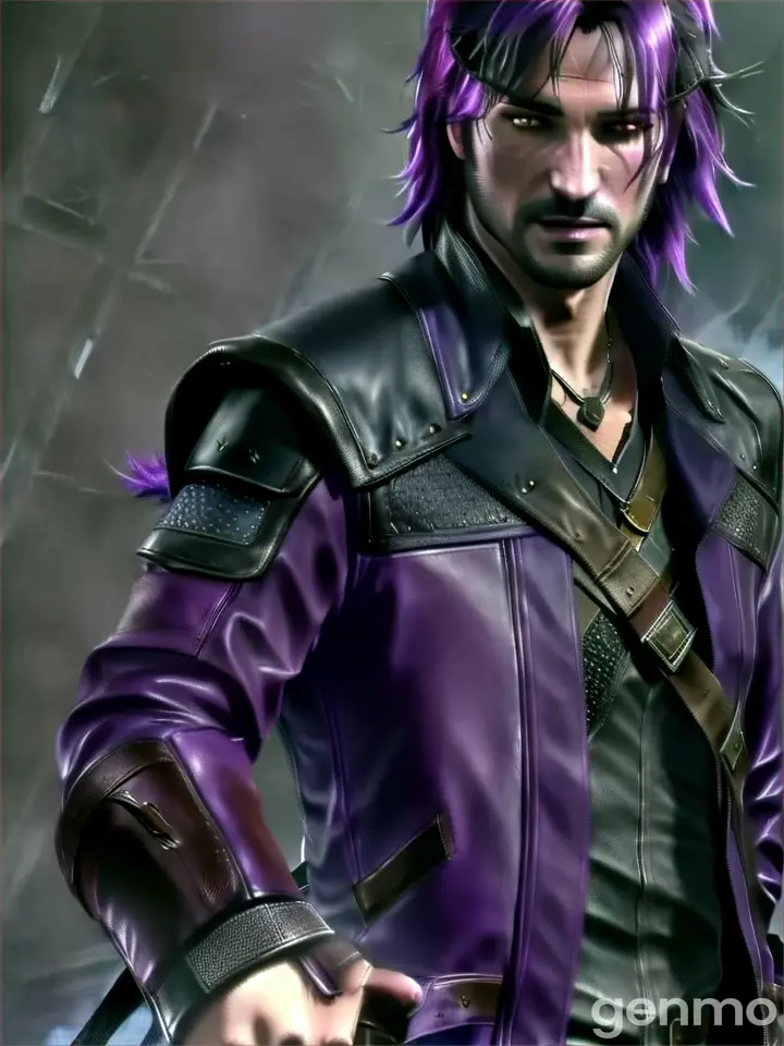 a witcher with purple hair and a leather jacket