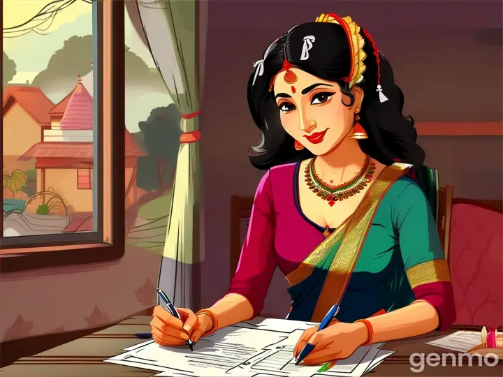A women in saree signing the documents in village money lender house cartoon 