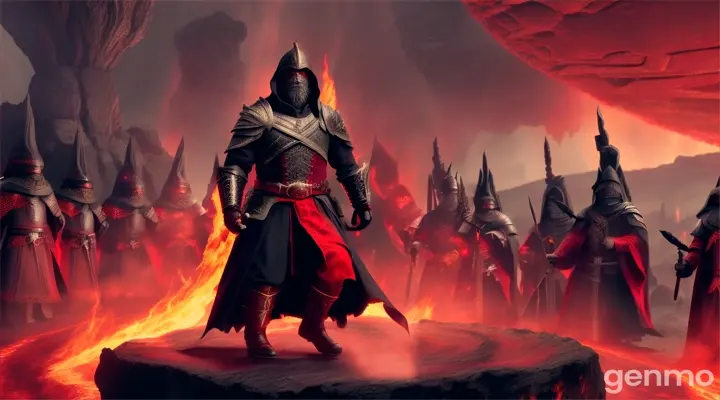 A black wizard dressed in red leads a phalanx of ancient soldiers between rivers of lava