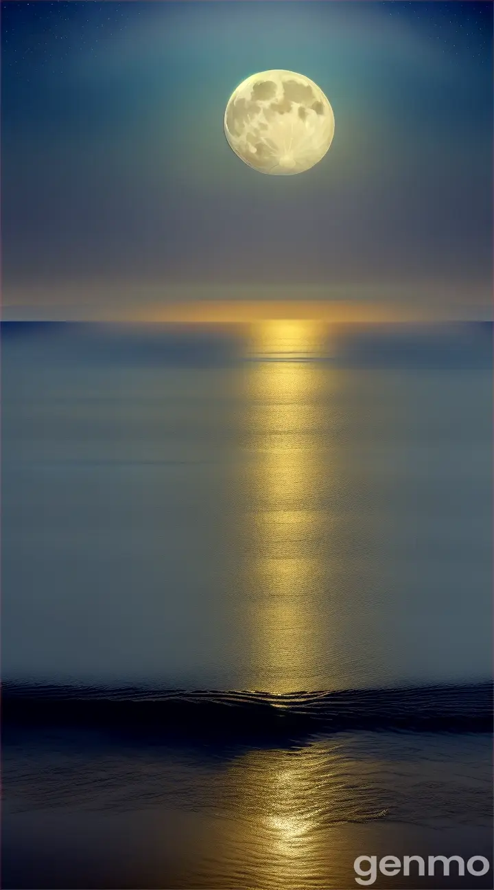 The moon shining over a calm ocean with soft waves, the sky and water reflecting each other's light