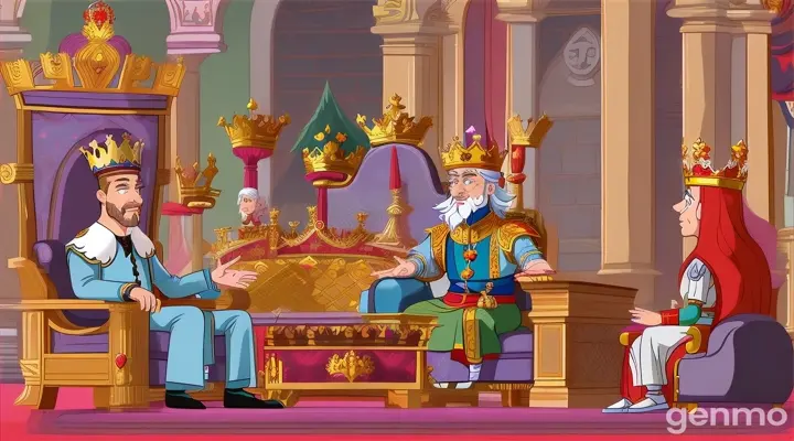 create cartoon style video, one king sitting at his palace and three servants standing near the king. The king is talking with his servants. 