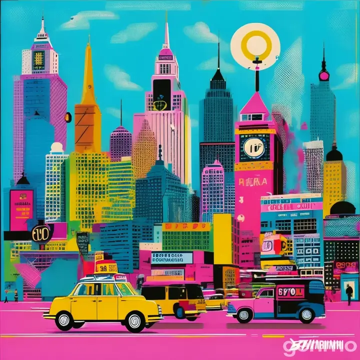 Busy Urban Pop Art Collage heavily influenced by 60s and 70s pop art, 