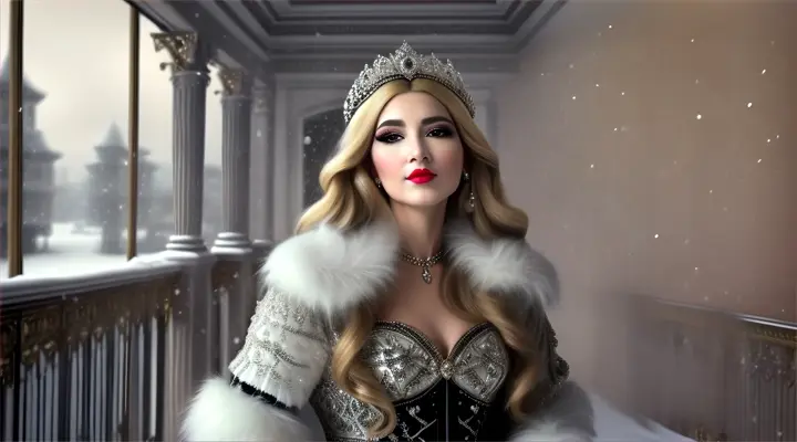 A glamorous woman in pearls standing against a snow-covered palace balcony, fur coat, and delicate snowfall